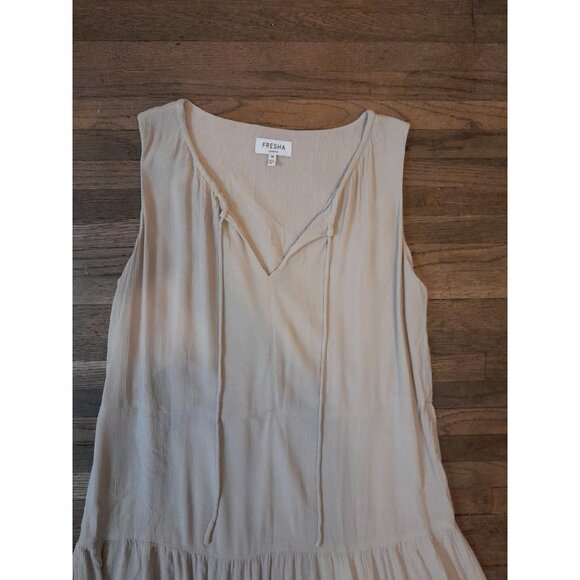 Womens Boho Tiered Cottagecore Prairie Peasant Midi Dress Minimalist Beige Sz 8 - Picture 3 of 8